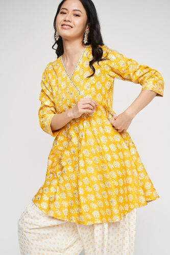 Foil Print Flared Dhoti Kurta Set, Mustard, image 4